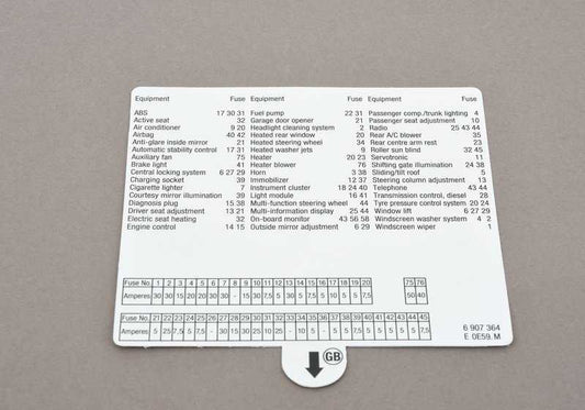 Etiqueta de fusibles para guantera OEM 61136907364 para BMW E39. Original BMW.