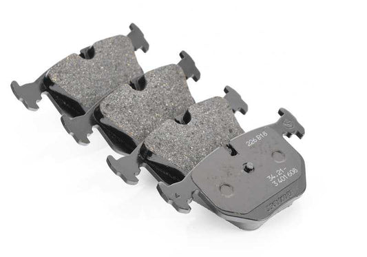 Rear brake pad set + sensor OEM 34212357231 for BMW X3 E83, E83 LCI. Genuine BMW.