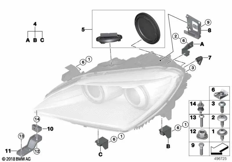 Left Headlight Repair Kit for BMW F06, F12, F13 (OEM 63127277519). Original BMW