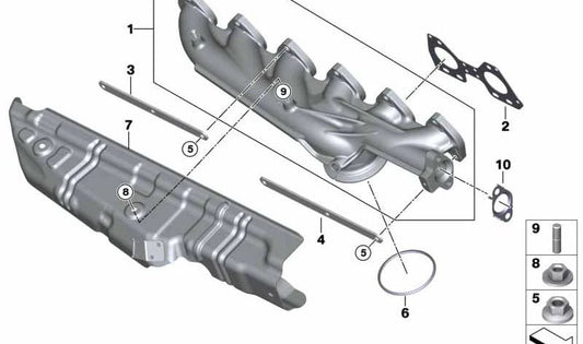 Chapa de refuerzo colector de escape OEM 11628508282 para BMW E90, E91, E92, E93, F30, F31, F34, F32, F33, F36, E60, E61, F07, F10, F11, E63, E64, F06, F12, F13, E65, E66, F01, F02, E83, F25, F26, E70, E71. Original BMW.