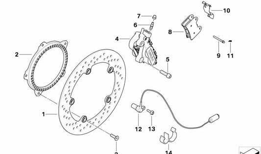 Silla de freno derecho OEM 34117691352 para BMW Motorrad F800S, F800ST, F800GT. Original BMW Motorrad.