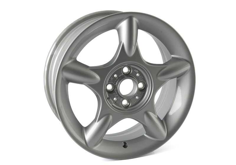 Llanta de aleación 16" 5 radios estrella OEM 36111512348 para MINI R50, R52, R53. Válida para modelos One, Cooper y Cooper S. Acabado en plata. Original MINI.