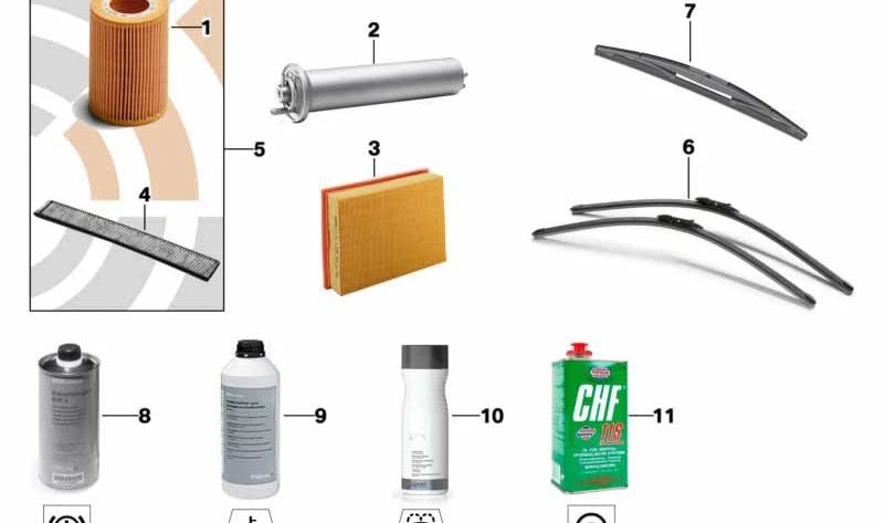 Linea del valore del kit di ispezione OEM 88002449247 per BMW F10, F10N, F11, F11N. Include i pezzi di ricambio necessari per la manutenzione. BMW originale.