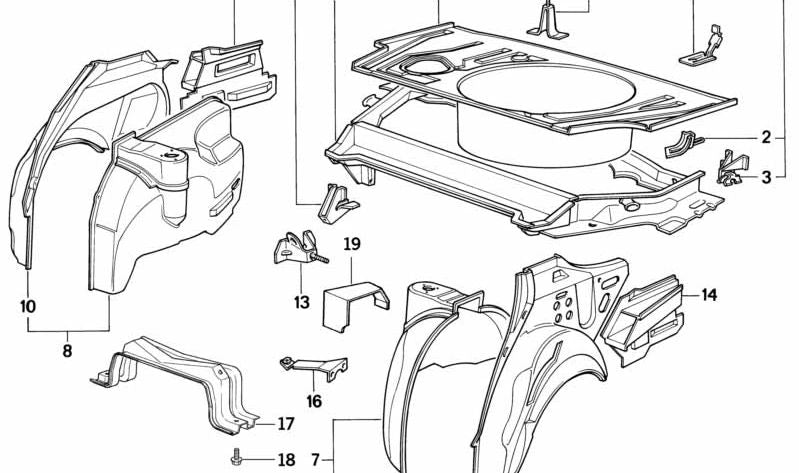 Aleta interior trasera izquierda OEM 41141973893 para BMW E34. Original BMW.