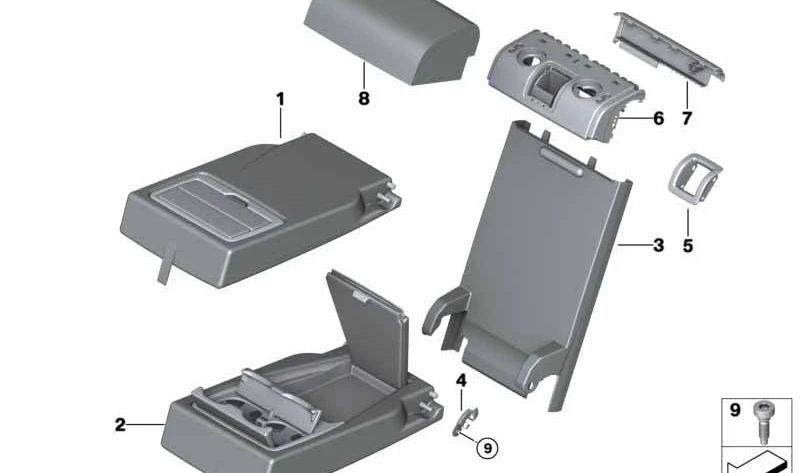 Reposabrazos trasero de piel OEM 52207353252 para BMW X5 F15 {sDrive25d, xDrive25d, xDrive28i, xDrive30d}. Color moka. Original BMW.