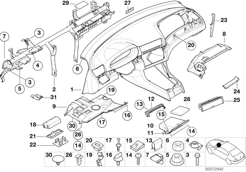 Tuerca de expansión OEM 51458257986 para BMW E46 {316i, 316Ci} compatible con múltiples variantes de motor y transmisión. Pieza original BMW para fijación de molduras interiores.