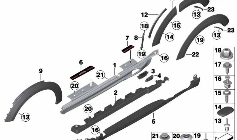 Embellecedor de entrada trasera izquierda OEM 51779808701 para MINI Countryman R60, John Cooper Works... y más. Original MINI.