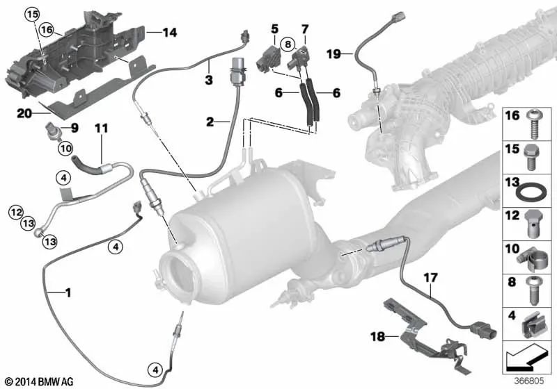 EGR temperature sensor for BMW 5 Series F10N, 7 Series F02N, X5 F15 (OEM 13628574358). Genuine BMW.