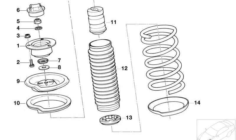 Soporte superior de muelle OEM 31332227348 para BMW E36 M3 y BMW E34 540i/M5. Compatible con modelos: E36 M3 BF91, BF92, BF99, BJ91, BJ92, CB91, CB92 y E34 540i HE51, HE52, M5 HC91. Original BMW.