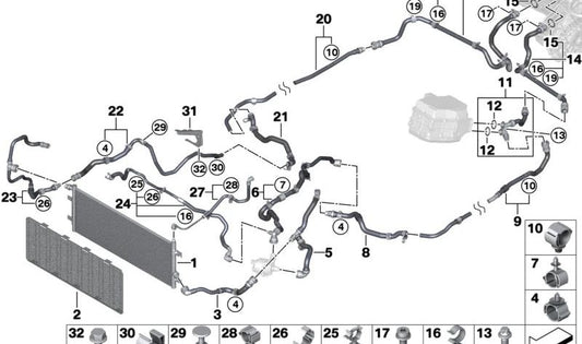 Tubo di ritorno frontale OEM 17125A30C25 per BMW X1 (U11: XDrive25e, XDrive30e) e Serie 2 Active Tourer (U06: 225E, 230e). Compatibile con modelli ibridi plug -in. BMW originale.
