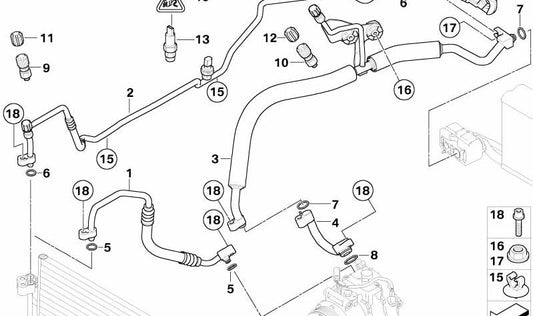 Tubería de alta presión del compresor al condensador OEM 64506934350 para BMW E60, E61. Original BMW.