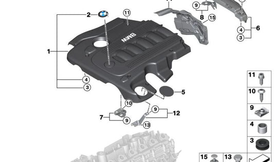 Cubierta acústica OEM 11147807240 para BMW E60, E61, E65, E66, E70, E71, E83. Original BMW.