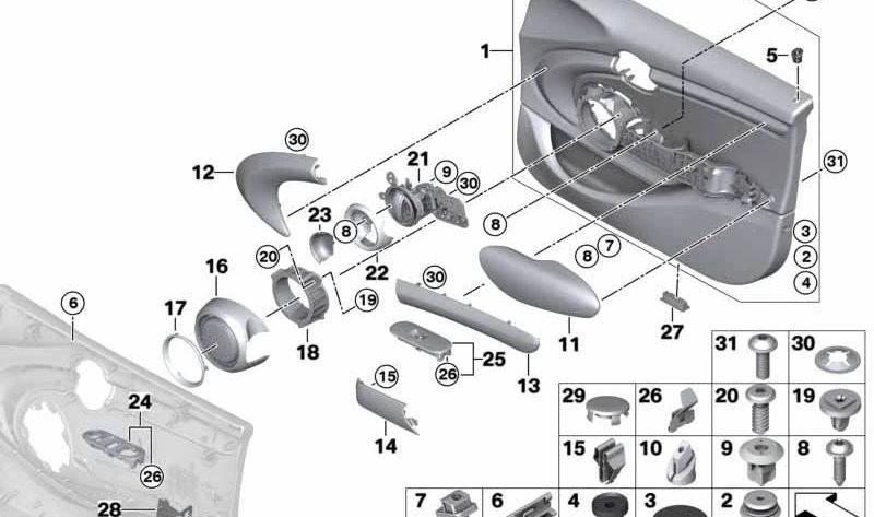 Front Right Door Trim in Satellite Gray OEM 51417429344 for MINI F55, Cooper XS51, XS52, XS61... and more. Original MINI.