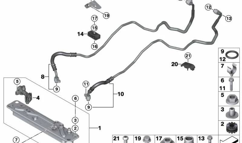 Soporte de línea del enfriador de aceite OEM 17227576389 para BMW X5 E70, F15 y X6 E71. Compatible con motores N63 y S63. Original BMW.