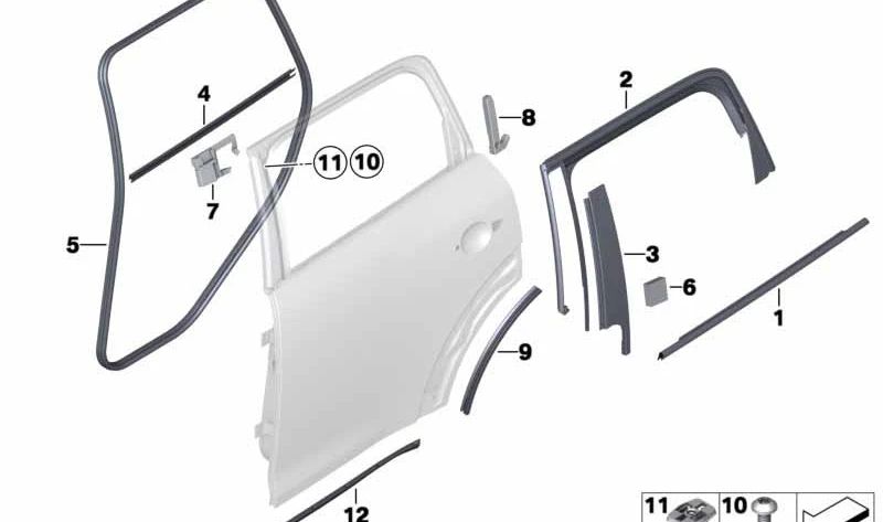 Estanqueizado puerta trasera derecha OEM 51359808048 para MINI Countryman R60 (2010–2016). Original MINI.