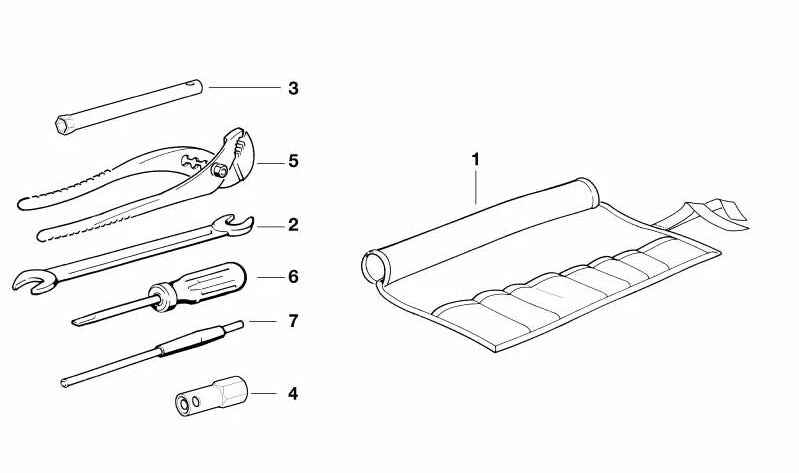 Bolsa de herramientas OEM 71111092793 para BMW Serie 3 E36 (316i, 318i) modelos fabricados entre 1995 y 1999. Incluye compartimentos para herramientas básicas del vehículo. Original BMW.