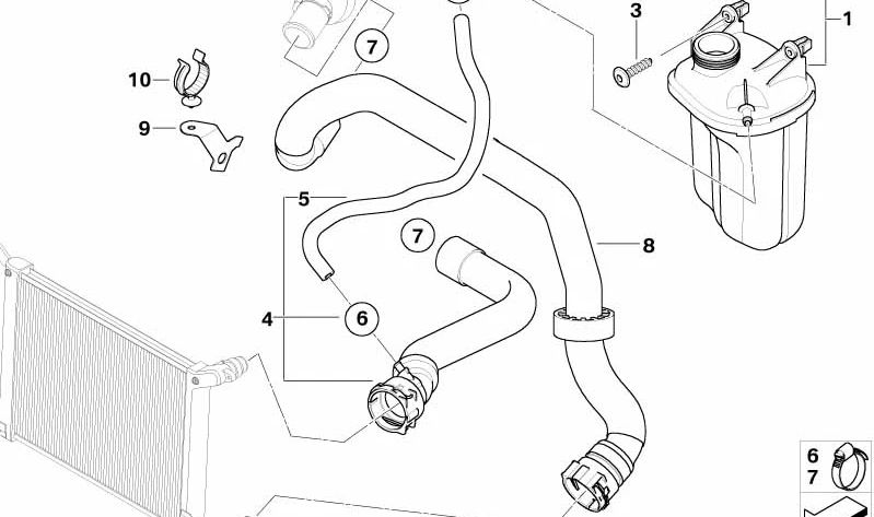 Depósito de expansión refrigerante OEM 17137795854 para MINI R50 One. Compatible con modelos DRB11 y DRB12 fabricados entre 03/2003 y 07/2006. Recambio original MINI.