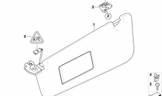 Parasol con espejo iluminado izquierdo OEM 51167897605 para BMW E60, E61. Original BMW.