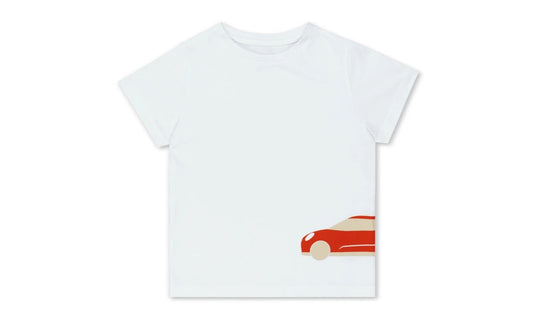 Camiseta infantil MINI Silueta Coche talla 110 blanca y roja OEM 80145B32083, válida para BMW. Original MINI.