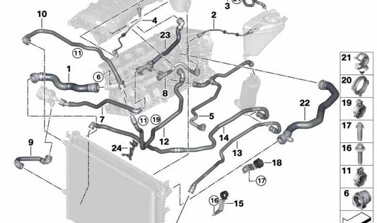 Suporte de mangueira de líquido de arrefecimento OEM 17128632153 para BMW G20, G30, G31, G32, G11, G12, G14, G15, G16, G01, G02. BMW originais.