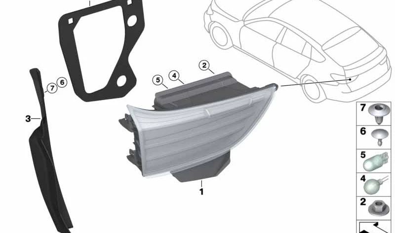 Right Rear Pilot OEM 63217306168 for BMW F07, F07N. Original BMW.