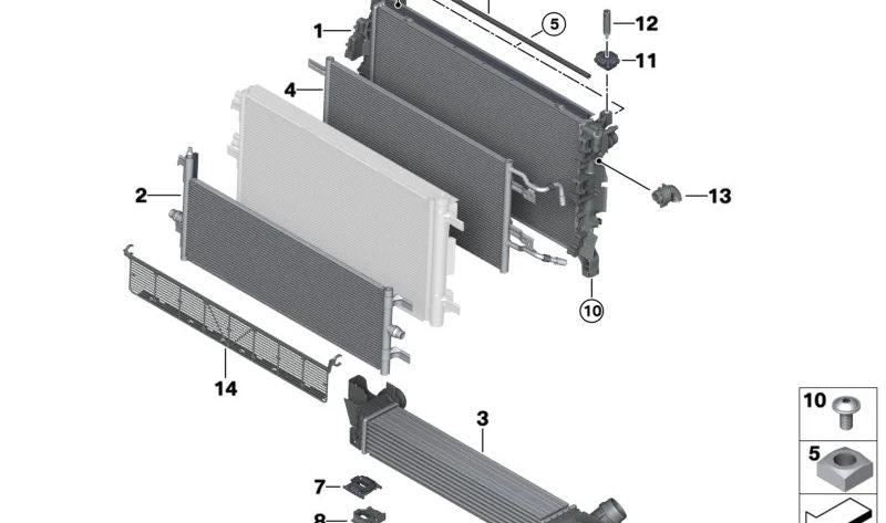 Kit de montaje radiador OEM 17118600270 para BMW F40, F44, F45, F46, F48, F39, F55, F56, F57, F54, F60. Compatible con varios motores y versiones. Original BMW.