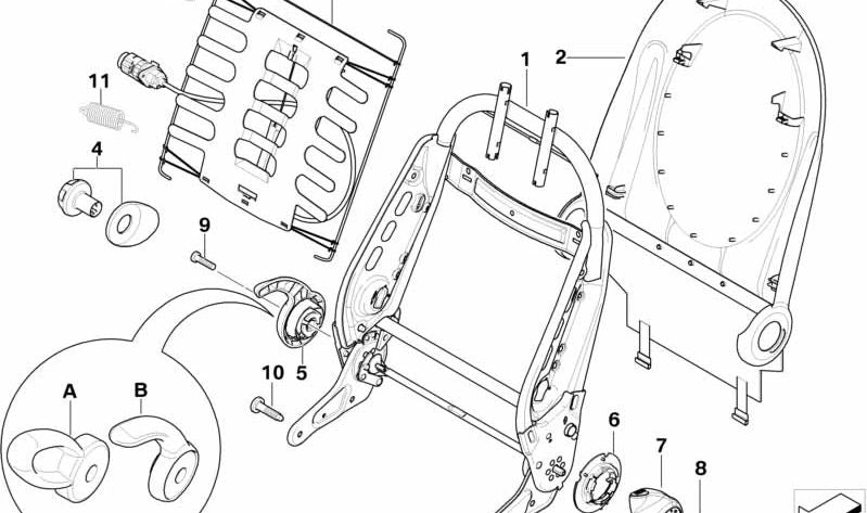 Resorte respaldo asiento izquierdo OEM 52107077503 para MINI R50, R52, R53. Compatible con modelos One y Cooper (manual y automático). Asegura el retorno del respaldo. Original MINI.