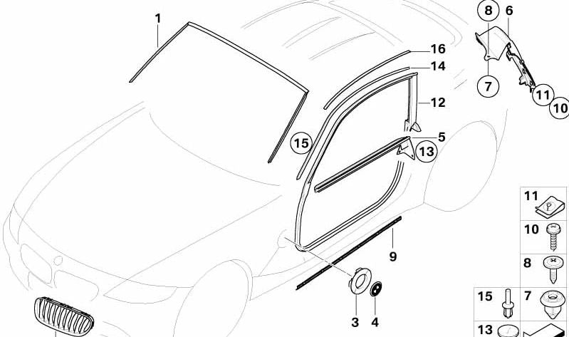 Moldura derecha del marco del techo OEM 51133420814 para BMW Z4 E86 3.0si y Z4 M 3.2 (modelos DU51, DU52, DU61, DU62, DU91, DU92). Original BMW.
