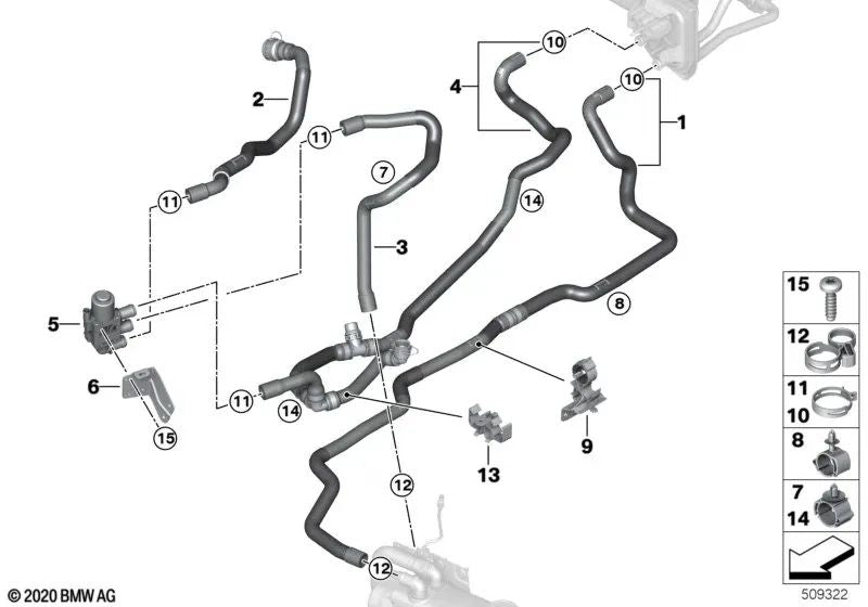 Manguera de refrigerante de avance 1 para BMW X3 G01, G01N Serie X4 G02, G02N (OEM 64216993463). Original BMW.