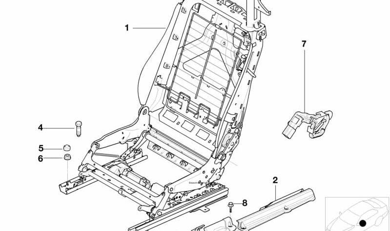 Estructura respaldo asiento derecho OEM 52109118176 para BMW E46 (318Ci BP71, BP72, BP81, BP82, BW71, BW72, BW81, BW82, BY71, BY72). Compatible con modelos fabricados entre 2001 y 2006. Original BMW.