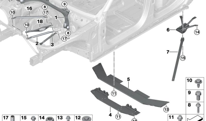 Barra de refuerzo delantera derecha OEM 51617377838 para BMW G32, G32N, G11, G11N, G12, G12N. Parte del sistema de refuerzo de la carrocería. Original BMW.