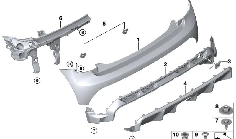 Paramento para parachoques trasero OEM 51125A3C9E0 para MINI F56 LCI, F57 LCI con acabado JCW y sensores PDC. Original MINI.