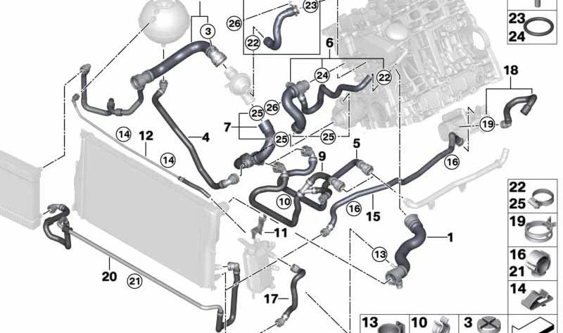 Manguera de refrigerante OEM 17127619688 para BMW F07, F07N, F10, F10N, F11, F11N, F18, F18N. Recambio original BMW.