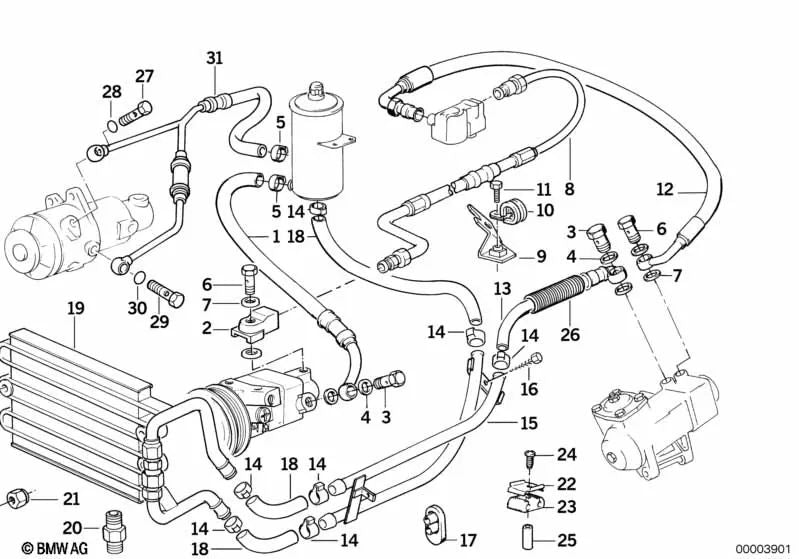 Peça intermediária de direção hidráulica OEM 32411137455 para modelos BMW Série 8 E31, 850Ci, 850i com motor M70. BMW genuíno.