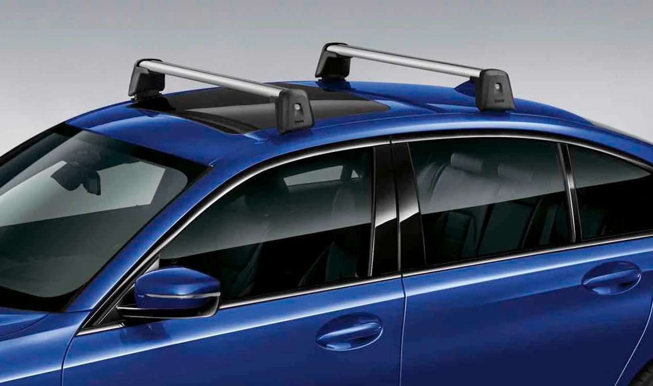 Original roof bars BMW OEM 82712457808 for BMW 3 G20 and G80 series. Multifunctional holder system with adjusted, anti -theft and silent design. Original BMW.