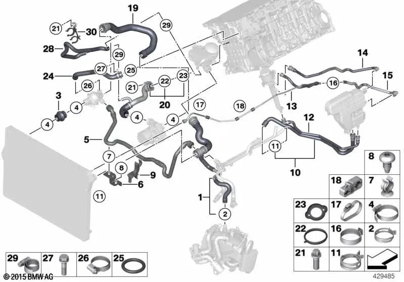 Coolant hose for BMW 5 Series F10, 5 Series F11, 7 Series F01, F02 (OEM 17127591093). Original BMW