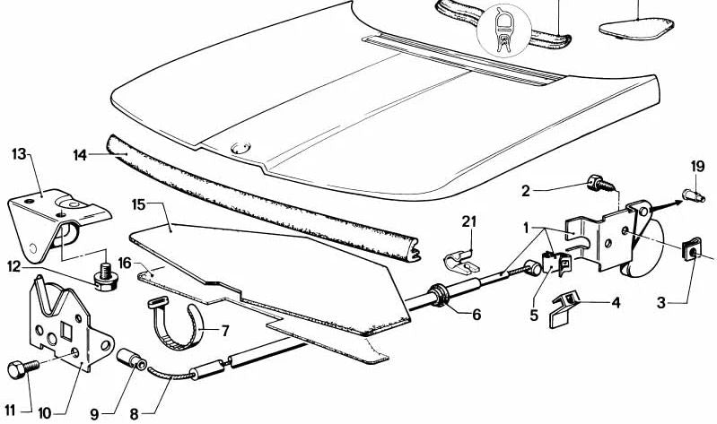 Mecanismo apertura capó OEM 51231817620 para BMW E12 {518, 520, 520i}. Original BMW.