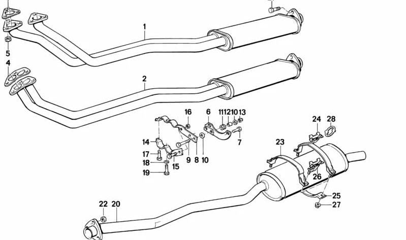 Sistema de exaustão completo OEM 18101712958 para BMW E30. Compatível com modelos 3er E30 sem conversor catalítico. Peça de reposição original BMW.