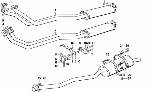 Sistema de escape completo OEM 18101712958 para BMW E30. Compatible con modelos 3er E30 sin catalizador. Recambio original BMW.