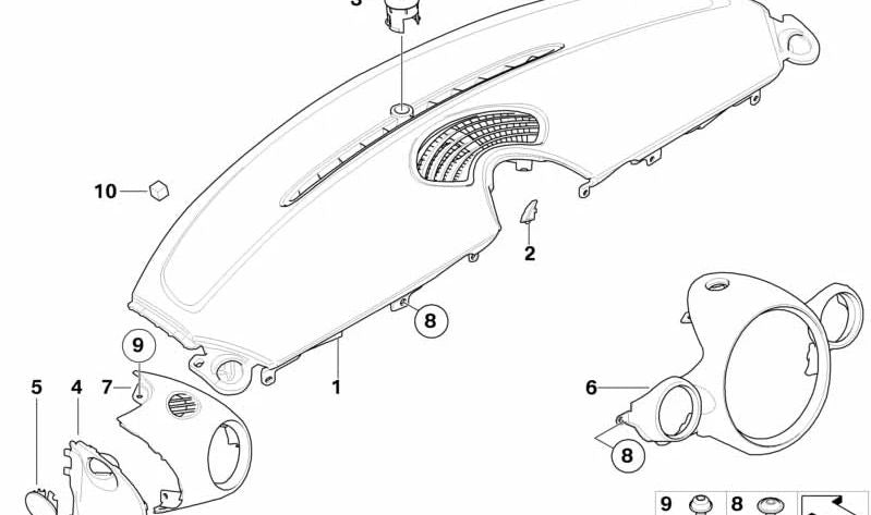 Left switch cutout cover OEM 51452752907 for MINI R56, R56 LCI, Clubman R55, Cabrio R57, Coupé R58, Roadster R59... and more. Original MINI.