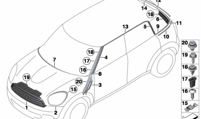 Rejilla decorativa frontal OEM 51139807476 para MINI R60, R61 (Countryman y Paceman). Original MINI.