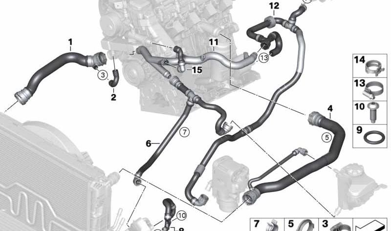 Tleyle du radiateur inférieur à la pompe à eau OEM 17127789721 pour BMW E87, E90, E91. BMW d'origine.