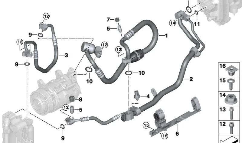 Tubería de aire acondicionado OEM 64539872118 para BMW G60 (540i xDrive) y G70 (735i, 740i, 740i xDrive). Compatible con todos los modelos indicados. Recambio original BMW.