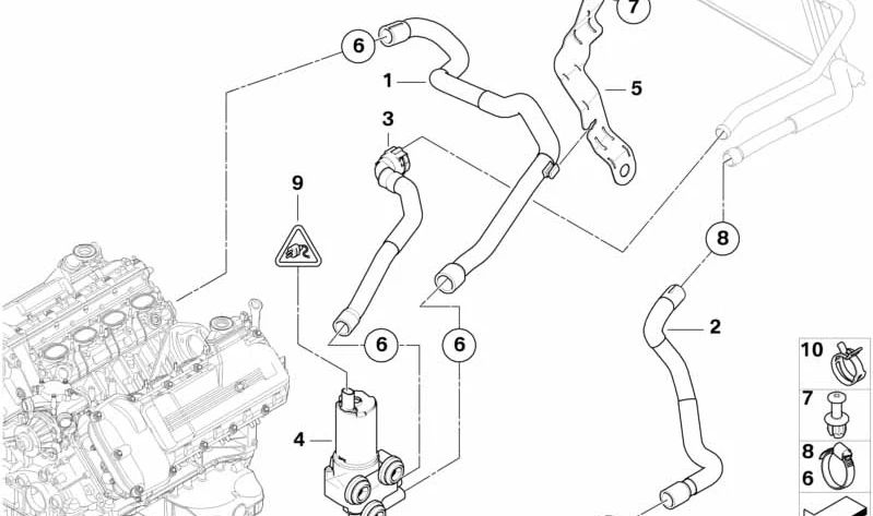 Manguera auxiliar de la bomba de agua OEM 64219119154 para BMW E90, E92, E93. Original BMW.
