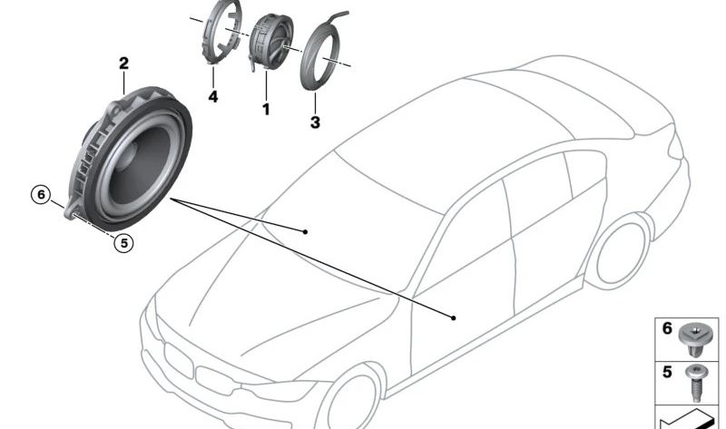 Altavoz de medios OEM 65139279635 para BMW F90, G30, G31, G38, G32, G11, G12, F91, F92, F93, G14, G15, G16, I20. Original BMW.