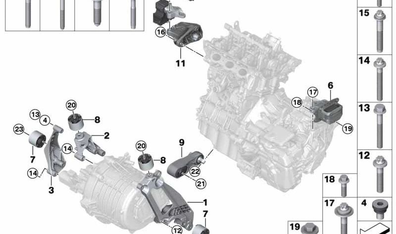 Soporte motor OEM 22116856297 para BMW i8 {I12, I15} todos los modelos compatibles. Original BMW.