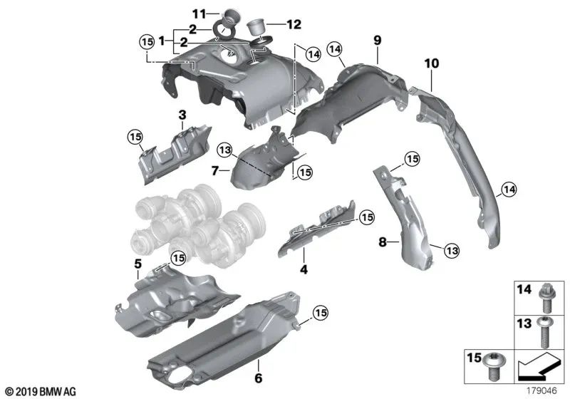 Proteção térmica inferior para BMW 5 F07 Series, F10, F11, Série 6 F06, F12, F13, Série 7 F01, F02, F04, X5 E70N, F15, X6 E71, F16 (OEM 1165777001). BMW original