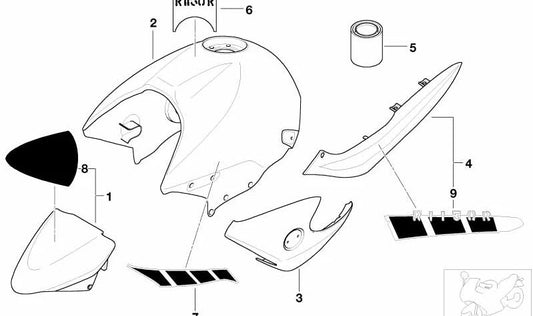 Etiqueta izquierda color Sydneyblau/Grau OEM 51147695337 para motos BMW R 850 R, R 1150 R, R 1150 Rockster. Original BMW Motorrad.