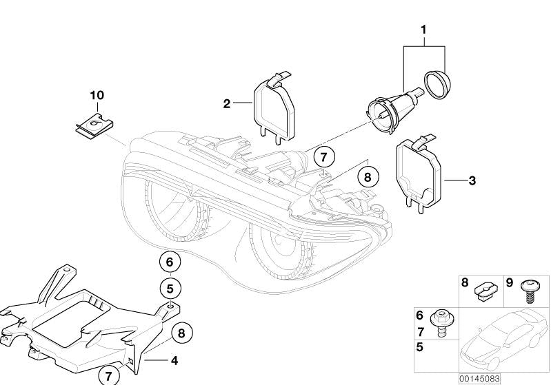 Soporte izquierdo del faro OEM 63126917315 para BMW E65, E66 (todos los modelos: 730d, 730i, 735i, 740d, 745i). Original BMW.