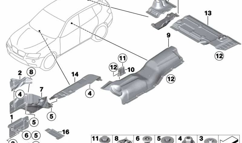 Aislamiento térmico del silenciador trasero OEM 51487213686 para BMW F25, F26. Original BMW.